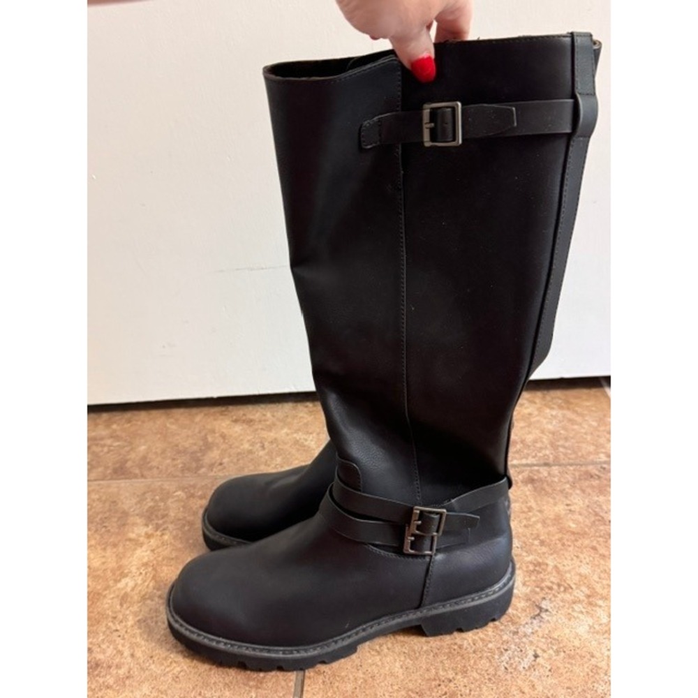 New-See Pics Korks Women Black Tall Riding Boots Lug Sole Buckle Moto Size 6.5M